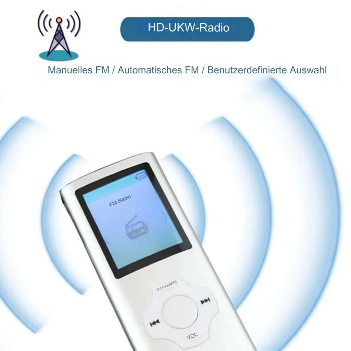 Silbernes tragbares Radio mit Bildschirm, der 'FM-Radio' anzeigt. Es gibt Lautstärke- und Navigationstasten.