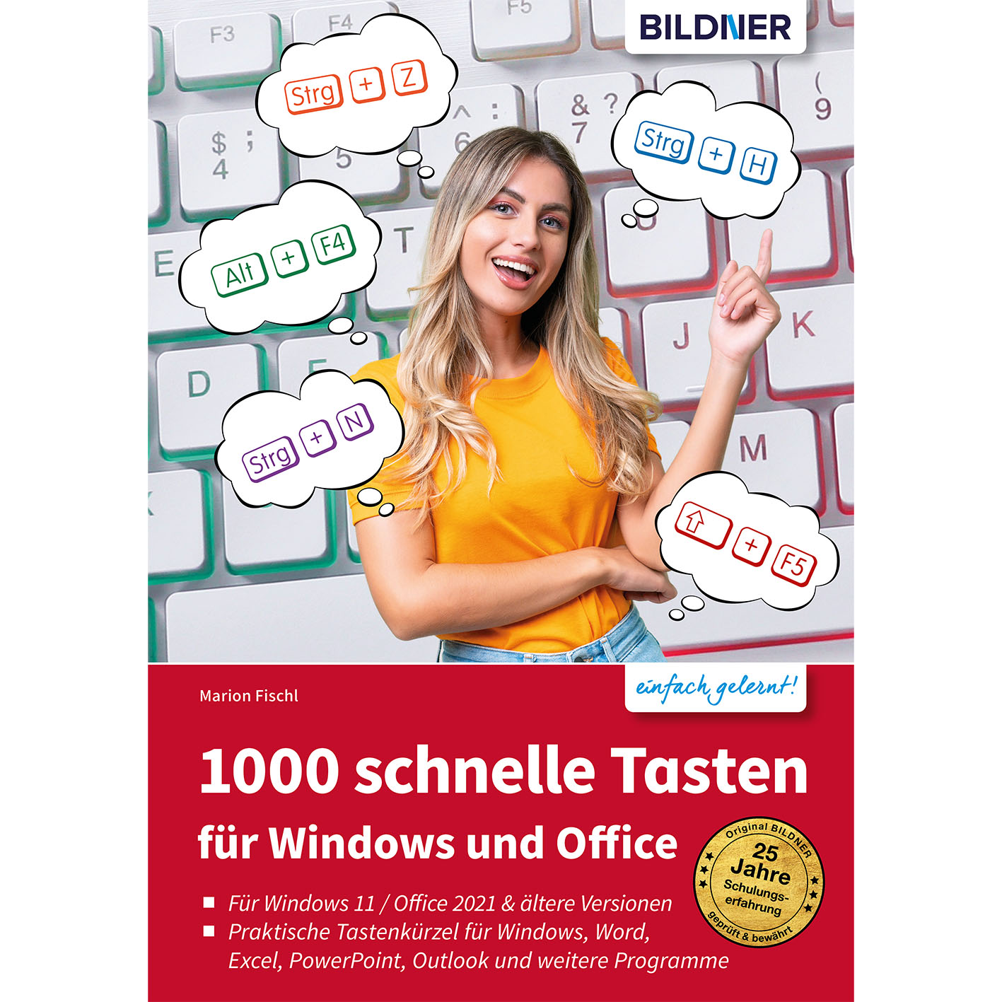 Frau zeigt auf ein Buch mit dem Titel '1000 schnelle Tasten'. Tastaturhintergrund. Sprechblasen mit Verknüpfungen.