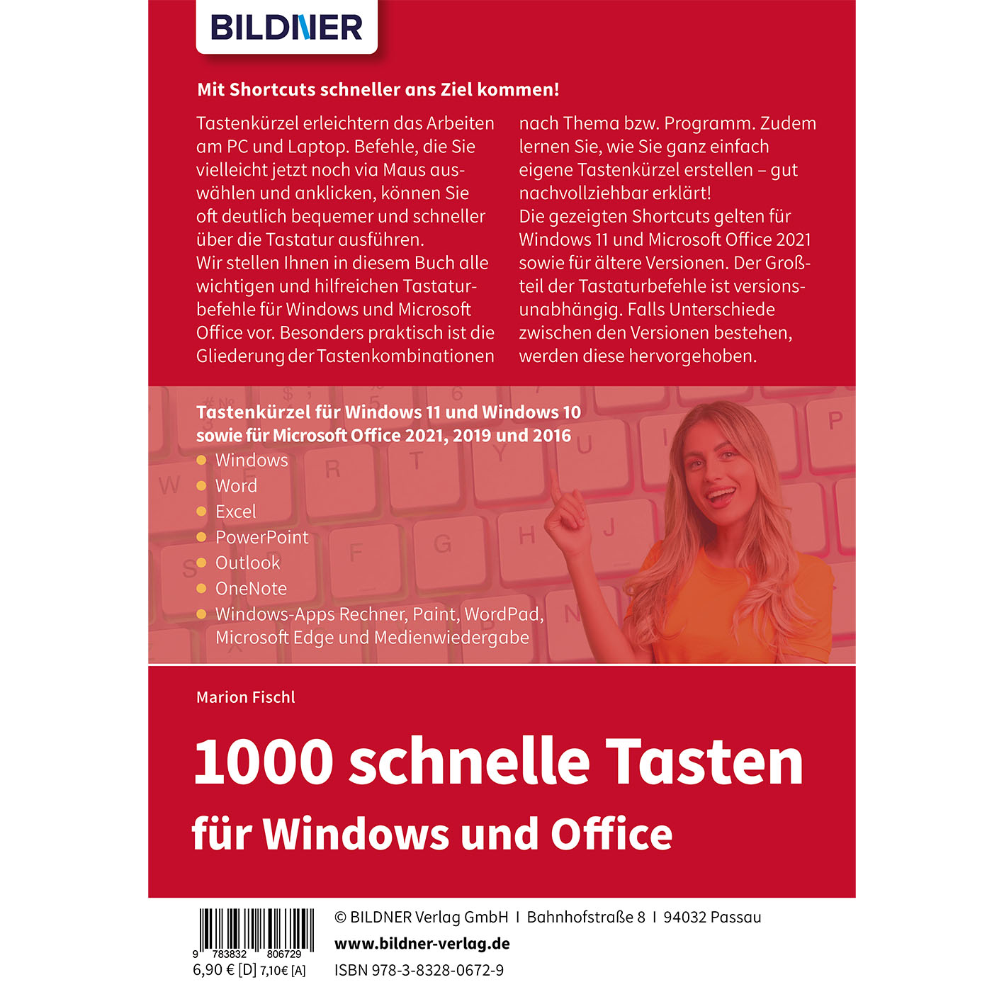 Buchcover mit einer Frau, die auf den Text zeigt: 1000 Schnellwahltasten für Windows und Office.