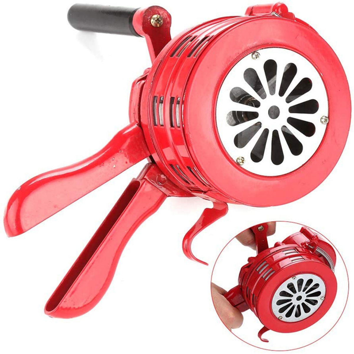 Roter Handkurbel-Feueralarm, mit Griff oben und kleinerer Ansicht des Geräts.