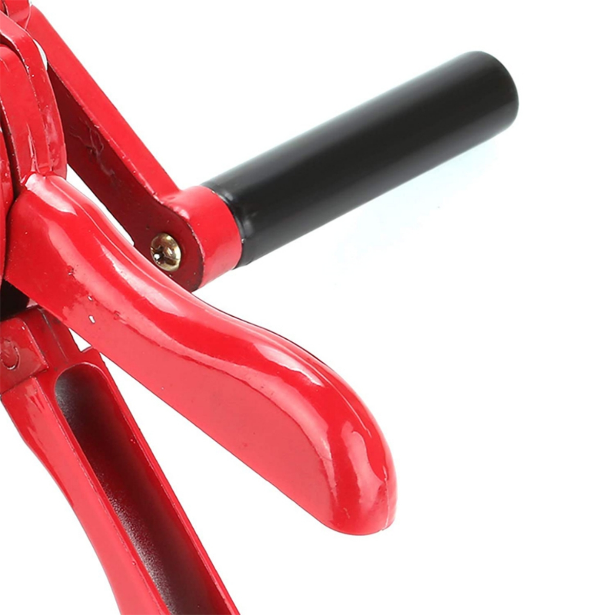 Rotes und schwarzes Werkzeug. Roter Griff und Hebel. Schwarzer Griff, weißer Hintergrund. Nahaufnahme.