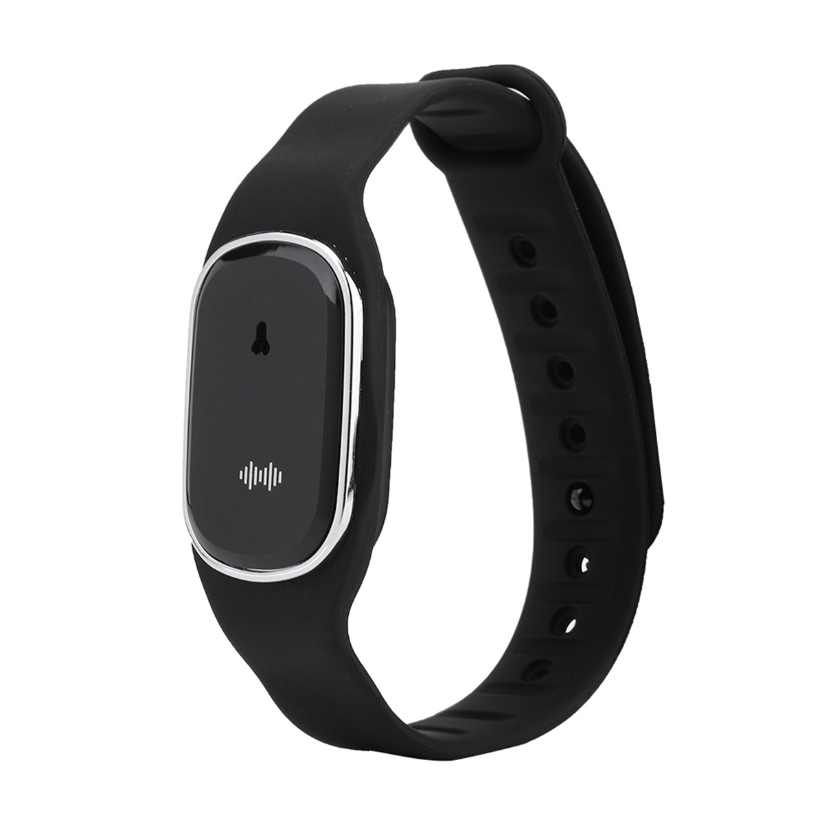 Ein schwarzes Smartband mit Display und Armband wird gezeigt. Es zeigt ein Wellensymbol.