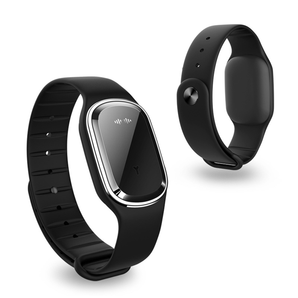 Zwei schwarze Smart-Armbänder, eines mit Bildschirm und eines mit Knopf.