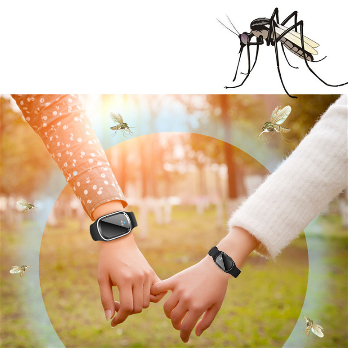 Zwei Personen halten Händchen mit Mückenschutz-Armbändern, Mücken fliegen.