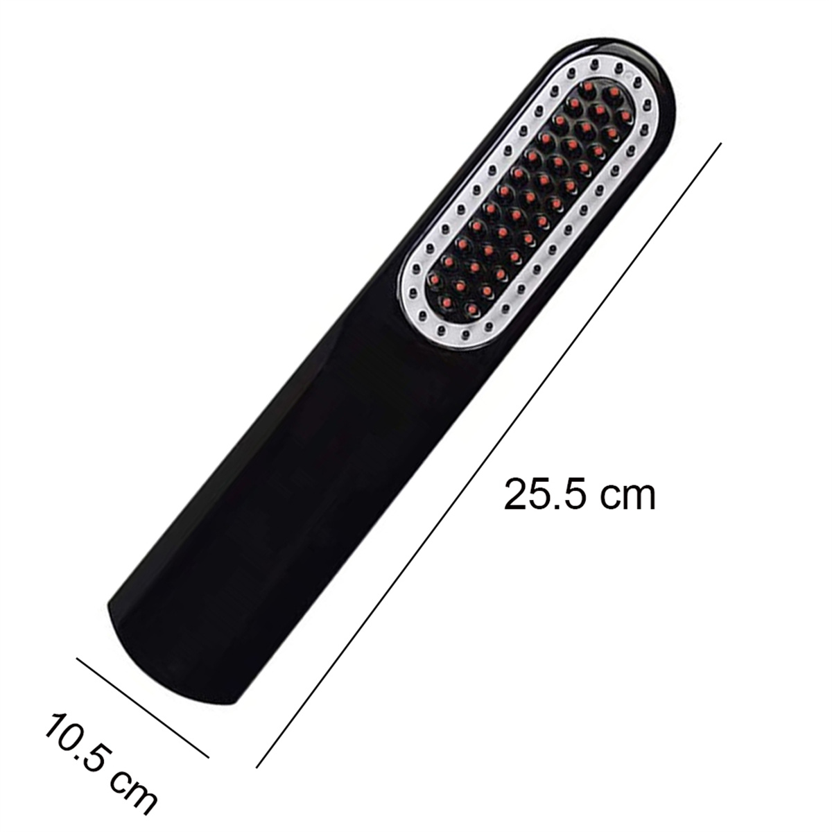 Schwarze Haarbürste mit roten Borsten und Abmessungen von 25,5 cm x 10,5 cm sind angegeben.