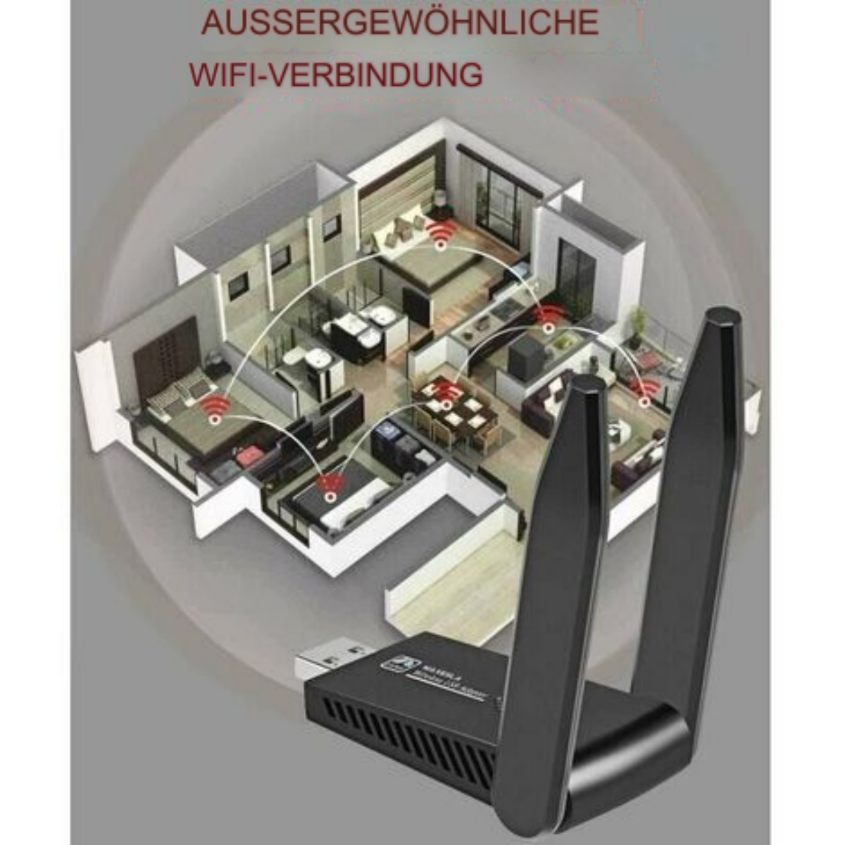 Ein USB-WLAN-Adapter für Computer. Er ist an einen USB-Anschluss angeschlossen, mit zwei ausgefahrenen Antennen.