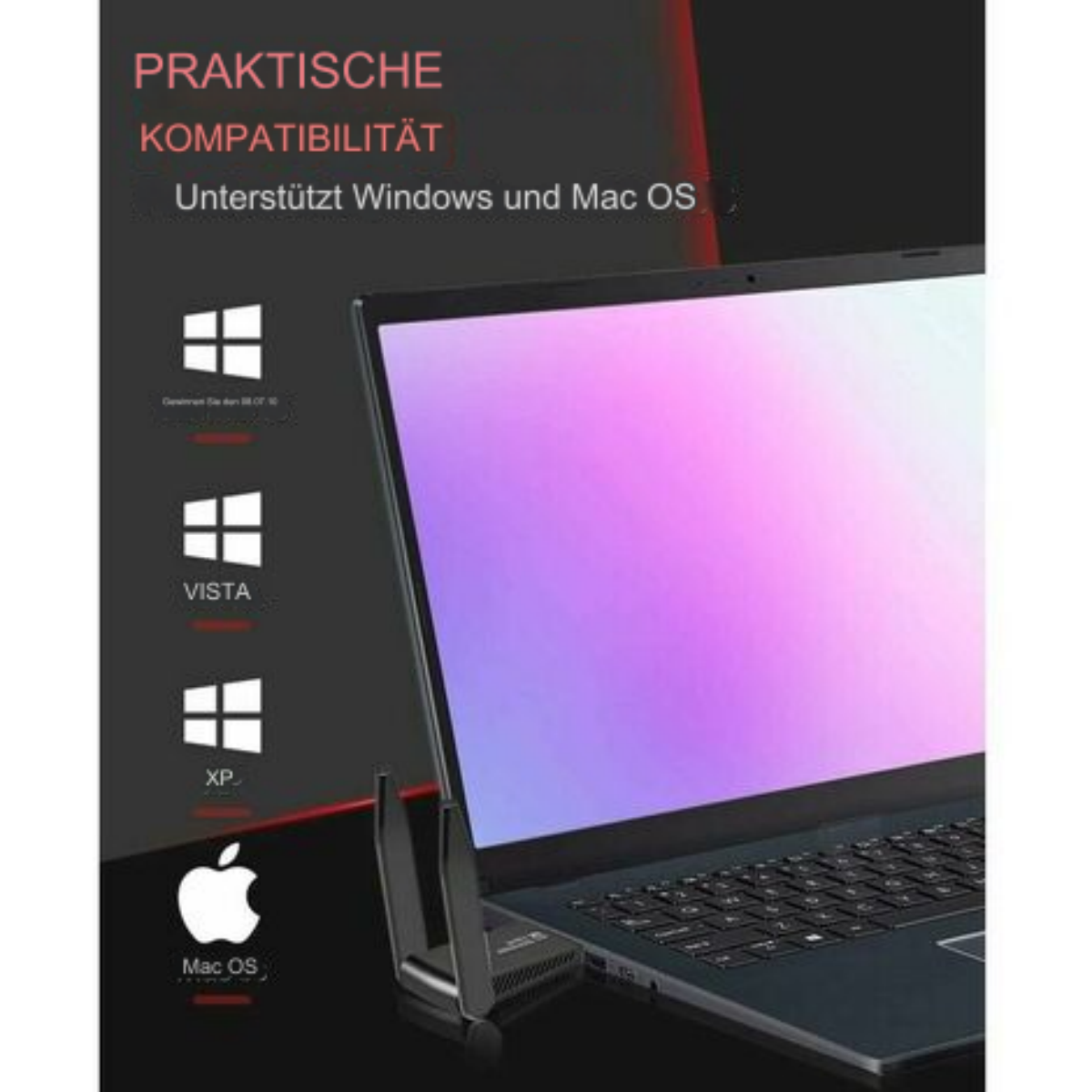 Laptop, der mit einem schwarzen Gerät verbunden ist. Zeigt Windows- und Mac OS-Kompatibilität mit Logos und Text an.