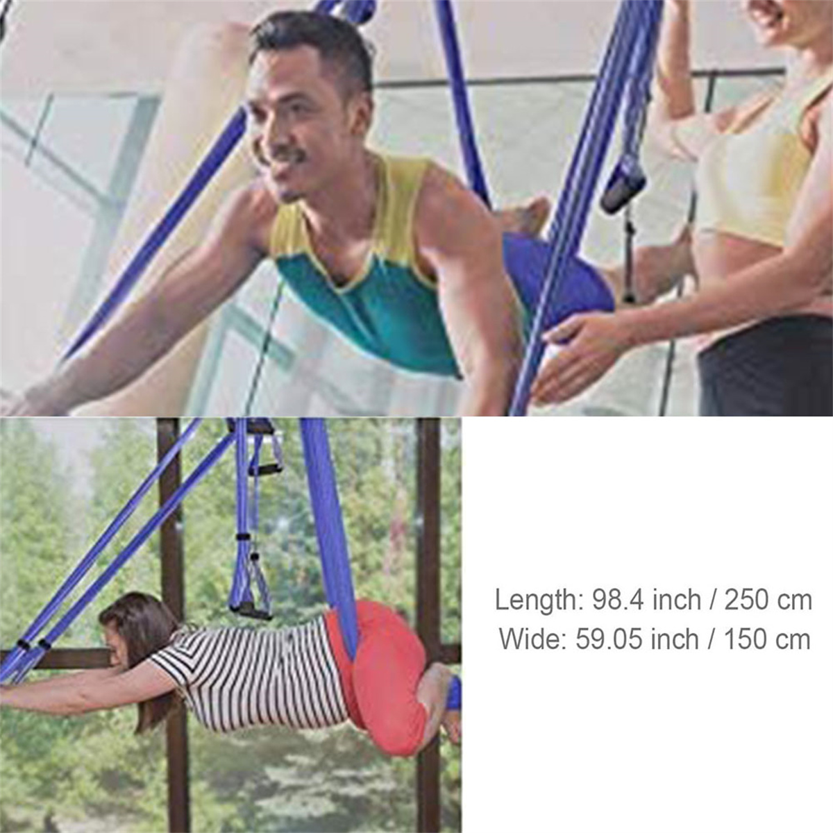 Zwei Personen trainieren mit blauen Aerial-Yoga-Schaukeln in einem hellen Raum.