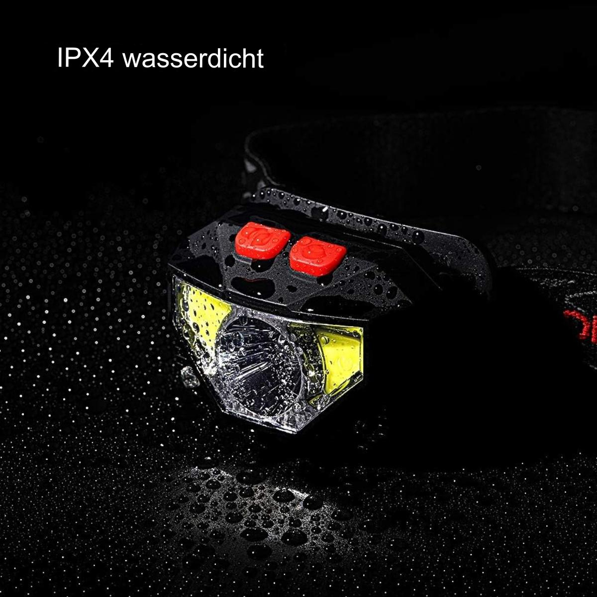 Schwarze Stirnlampe mit roten Knöpfen auf dunklem Hintergrund mit Wassertropfen.