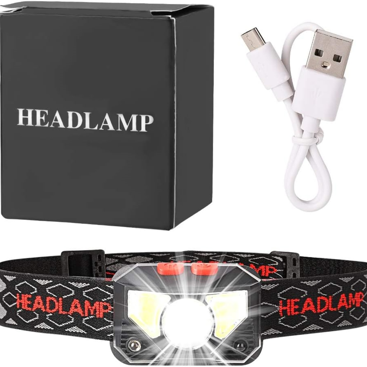 Schwarze Box, weißes USB-Kabel und eine Stirnlampe. Stirnband sagt 'HEADLAMP'.