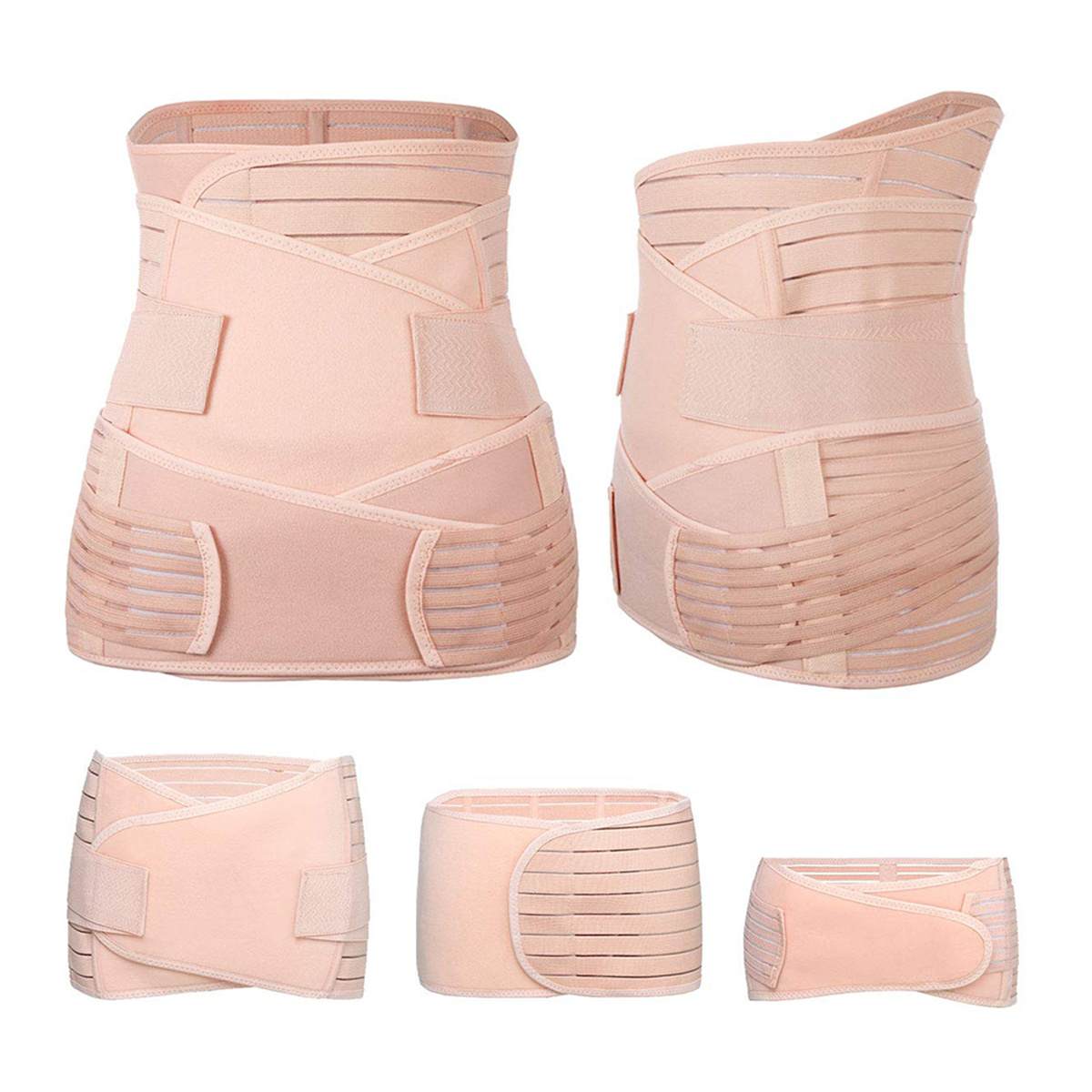 Eine beige Wochenbett-Bauchbinde mit mehreren verstellbaren Riemen und Einsätzen zur Unterstützung und Kompression.