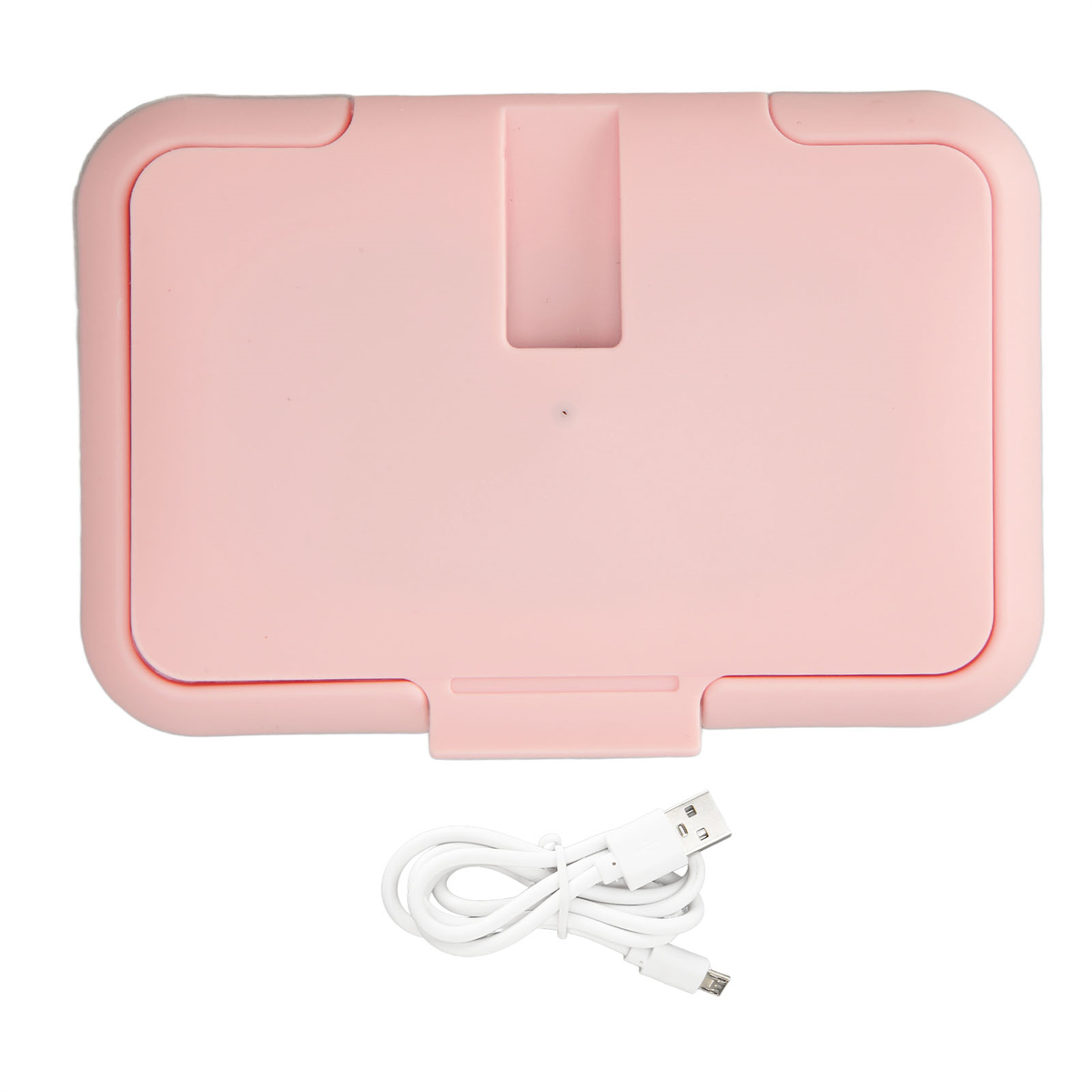 Rosa Tablet mit weißem USB-Kabel. Das Tablet hat eine kleine Öffnung für das Ladegerät.