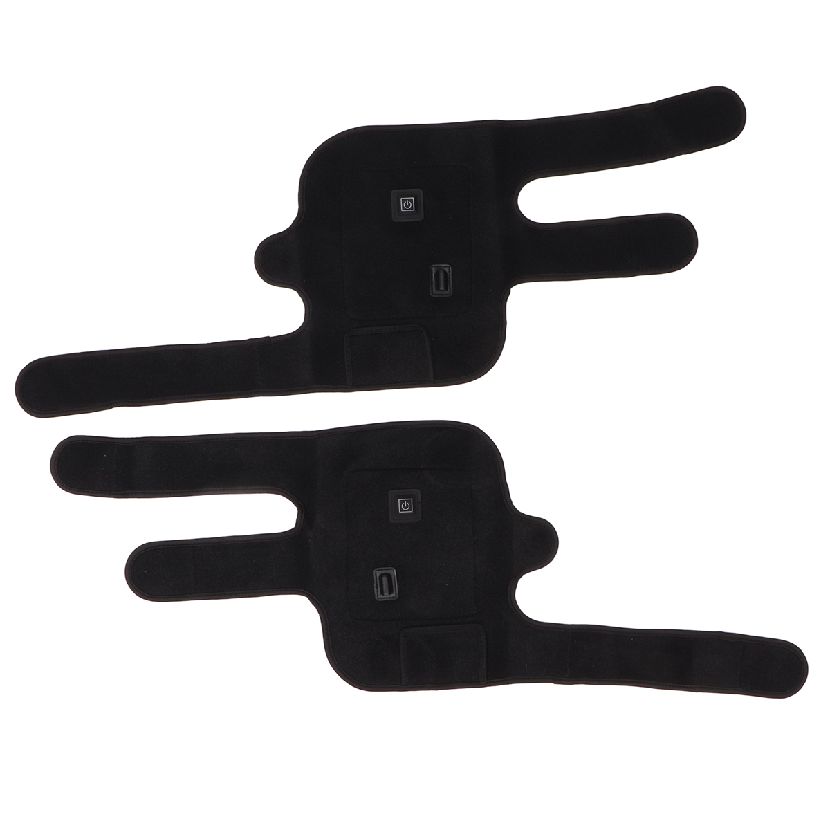 Zwei schwarze Knieorthesen mit Klettverschlüssen und Bedientasten, auf weißem Hintergrund.