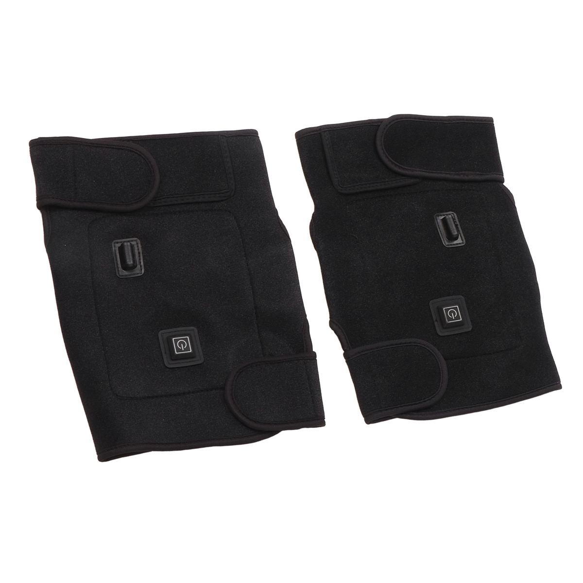 Zwei schwarze Knieschützer mit verstellbaren Riemen. Jeder hat ein Ein/Aus-Symbol. Die Pads sind schwarz.