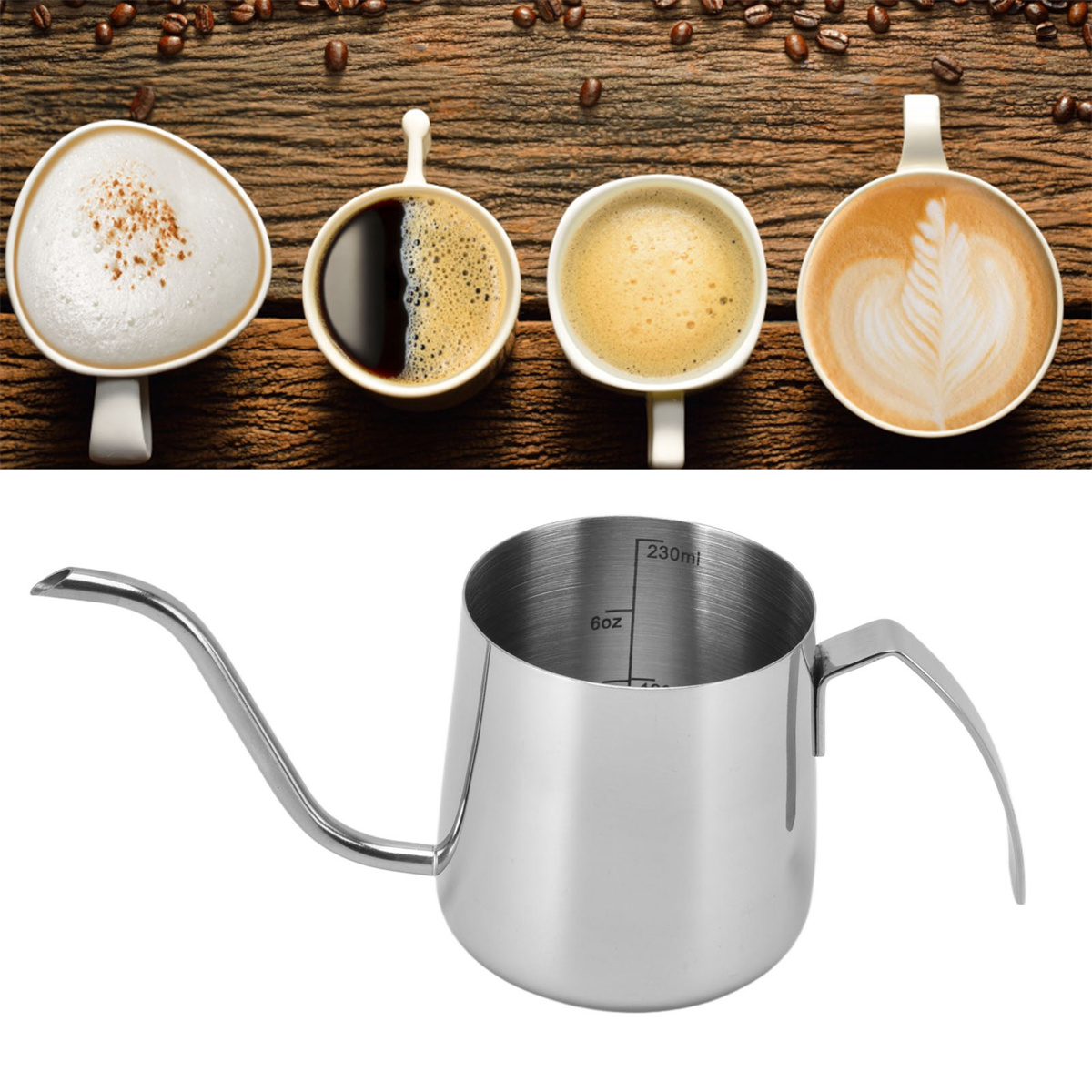 Kaffeetassen und ein silberner Pour-Over-Kessel. Die Tassen haben Cappuccino, Kaffee und Latte Art.