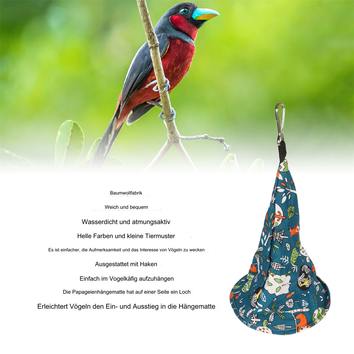 Vogel auf Ast mit Vogelhängematte. Text auf Deutsch beschreibt die Hängematten-Eigenschaften.