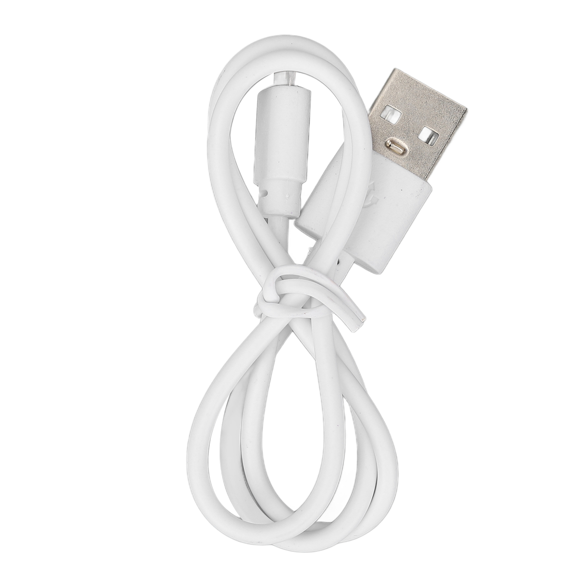 Weißes USB-Kabel mit Steckern. Ein Ende ist USB, das andere hat einen kleineren Anschluss. Weißer Hintergrund.