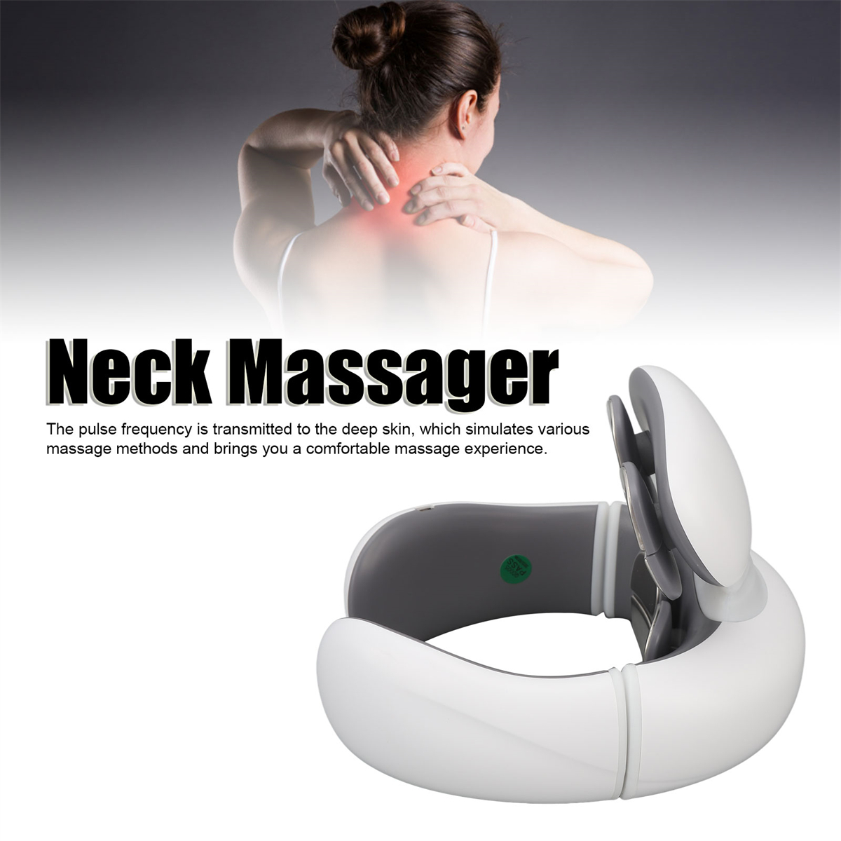 Nackenmassagegerät mit dem Hals einer Person und dem Produkt, das einen roten Bereich zeigt.