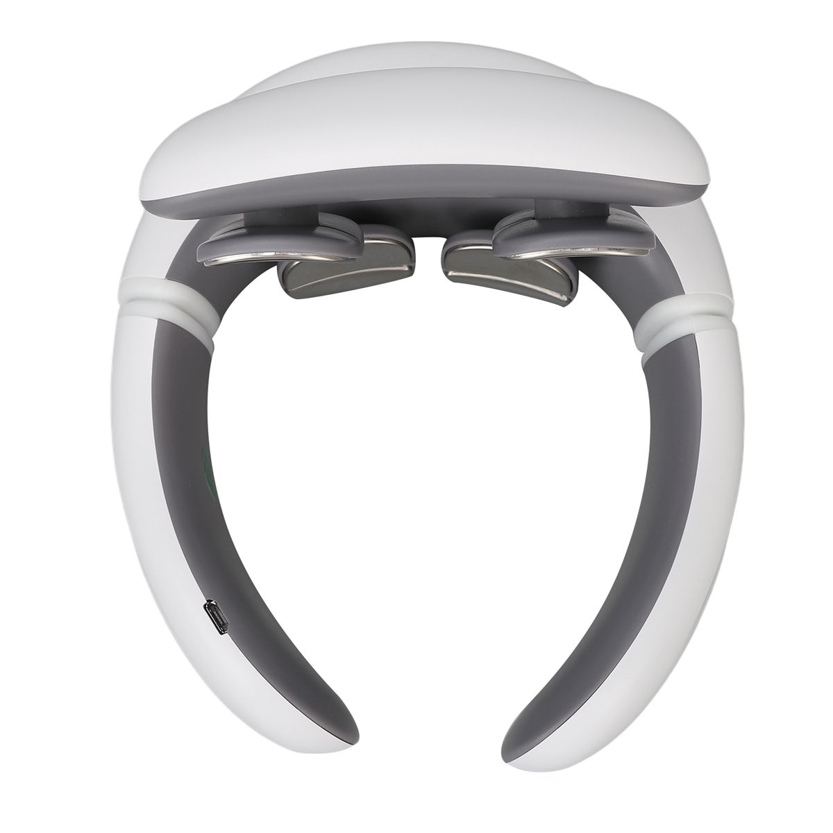 Nackenmassagegerät in Weiß und Grau. Es ist U-förmig mit zwei Massageköpfen und einem USB-Anschluss.