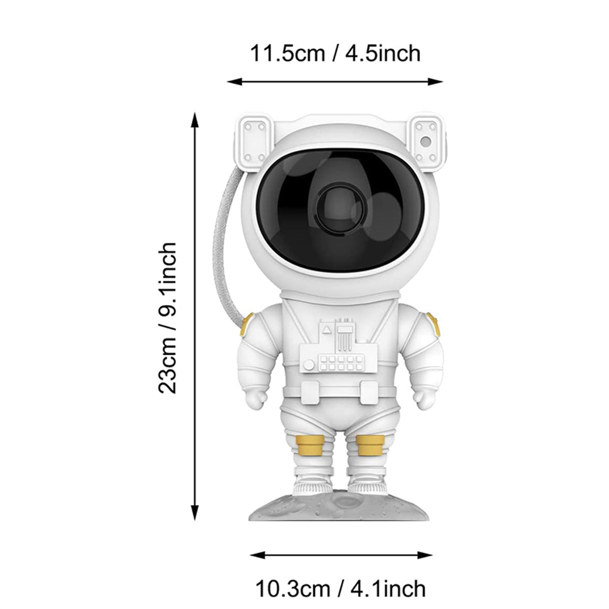 Weißer Projektor in Astronautenform mit Abmessungen. Steht auf mondähnlicher Oberfläche. Schwarzes Visier.