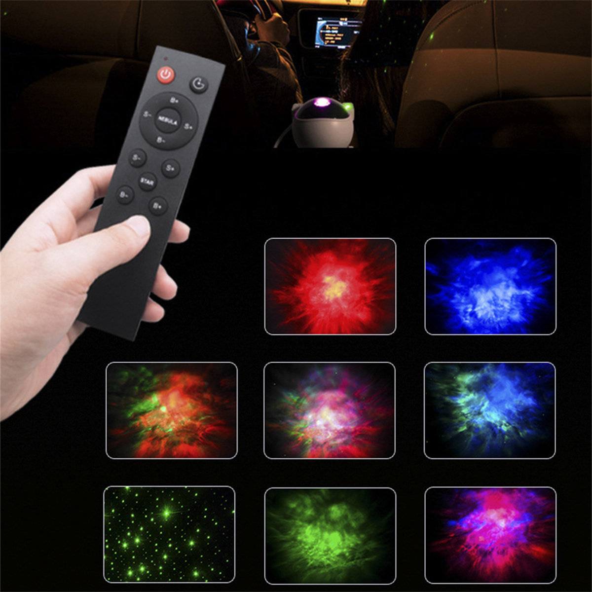 Hand hält Fernbedienung. Lichter projizieren verschiedene Farben an die Decke.
