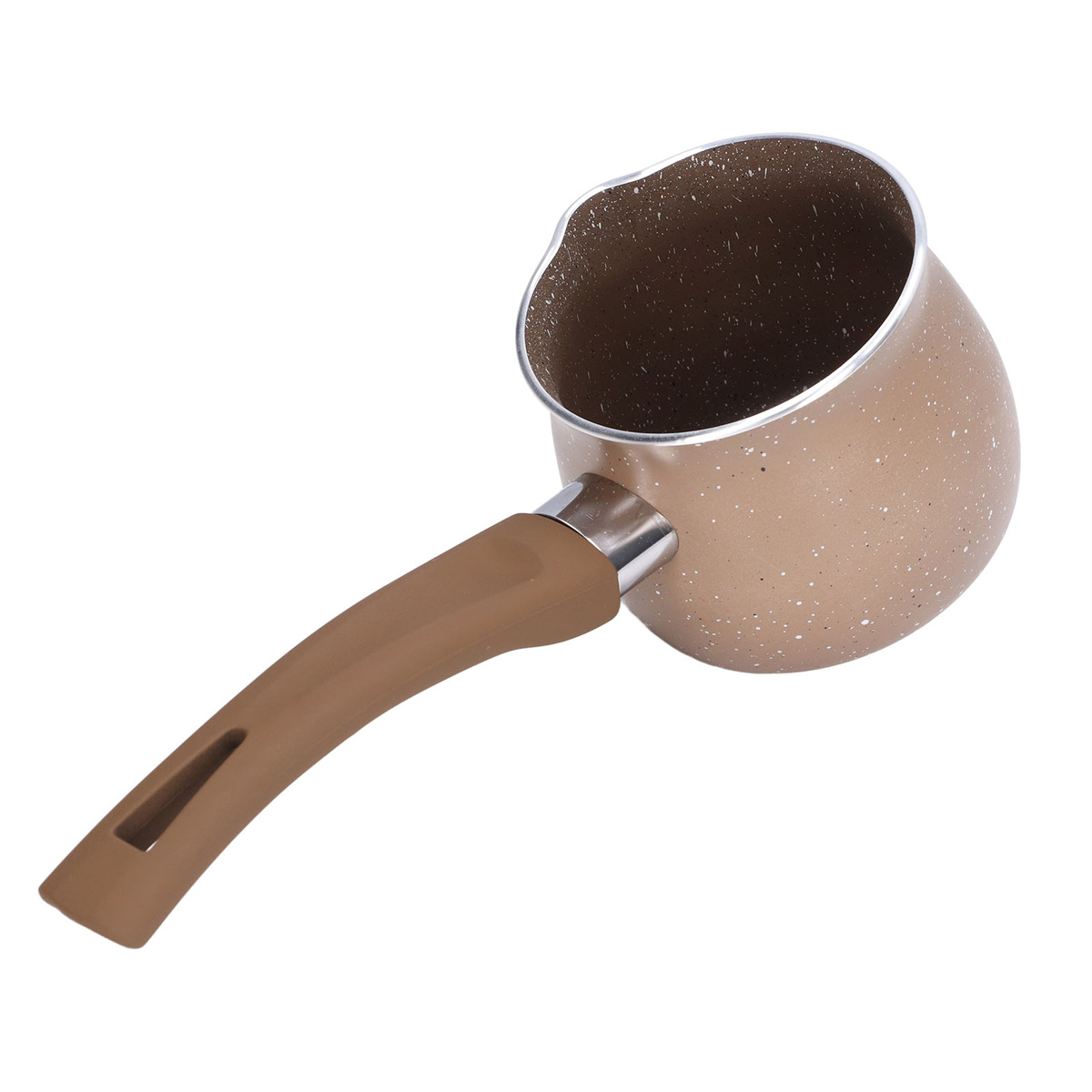 Ein kleiner, gesprenkelter, brauner und brauner Kaffeekanne mit braunem Griff.