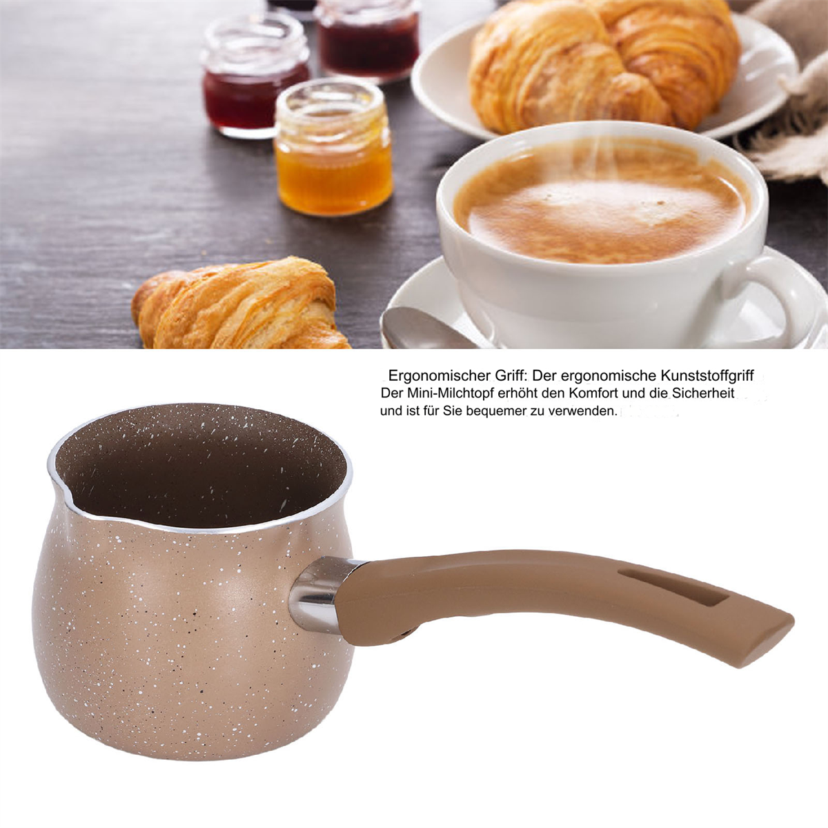 Kaffee und Croissants auf einem Tisch, mit Marmeladengläsern und einem kleinen kupferfarbenen Topf mit Griff.
