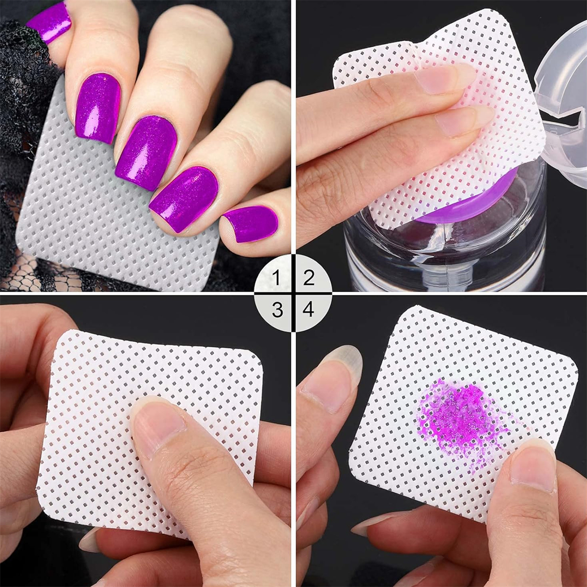Schritte der Nagellackentfernung: Nagel, Pad in Flüssigkeit, Nagelreinigung.