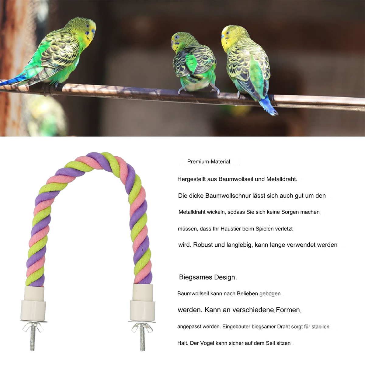 Bunte Seil-Vogelsitzstange mit Text. Drei grüne Wellensittiche befinden sich im Hintergrund auf einer Holzstange.