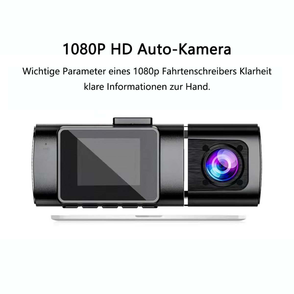 Eine schwarze Dashcam mit Bildschirm. Sie zeigt das Gerät mit Weitwinkelobjektiv und Details.