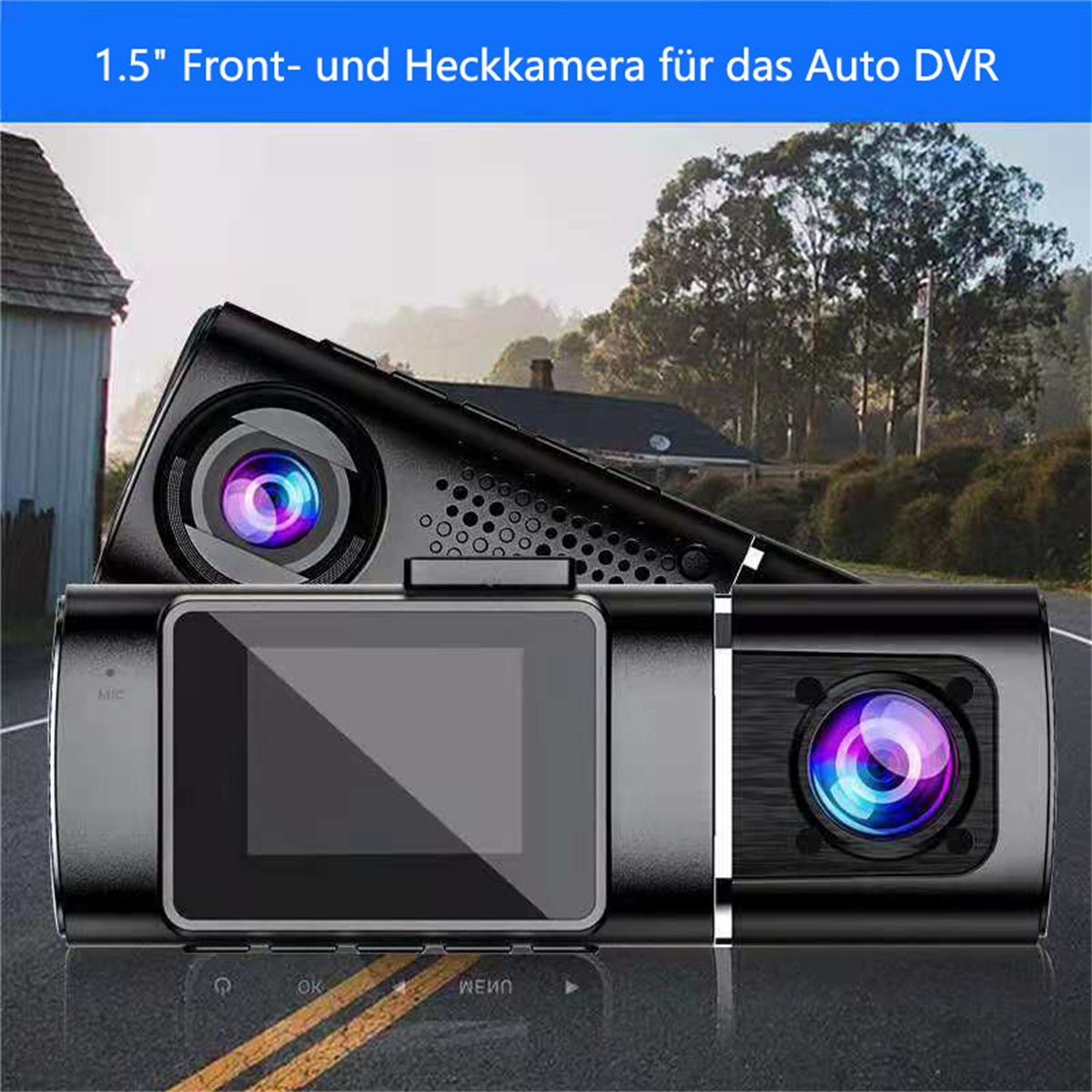 Zwei schwarze Dashcams. Eine ist zum Betrachter abgewinkelt. Die andere ist oben drauf.