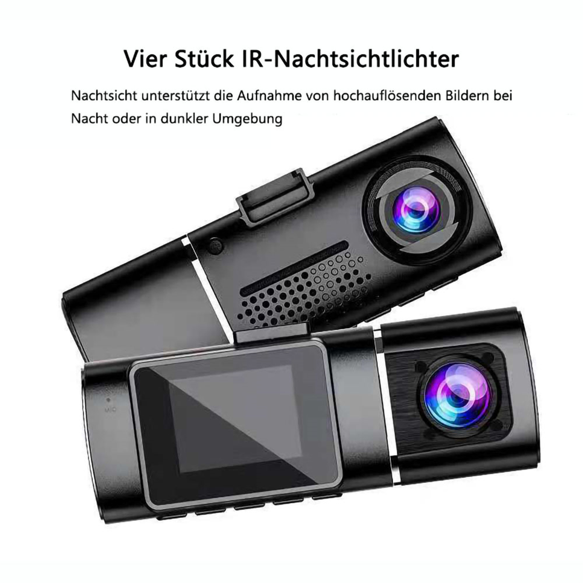 Schwarze Dashcams, Objektive und ein Display sichtbar.
