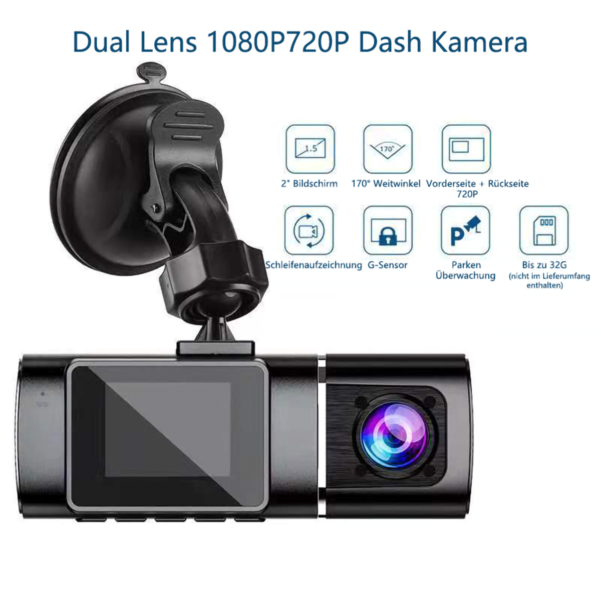 Dual-Lens-Dashcam mit Funktionssymbolen und Saugnapfhalterung.