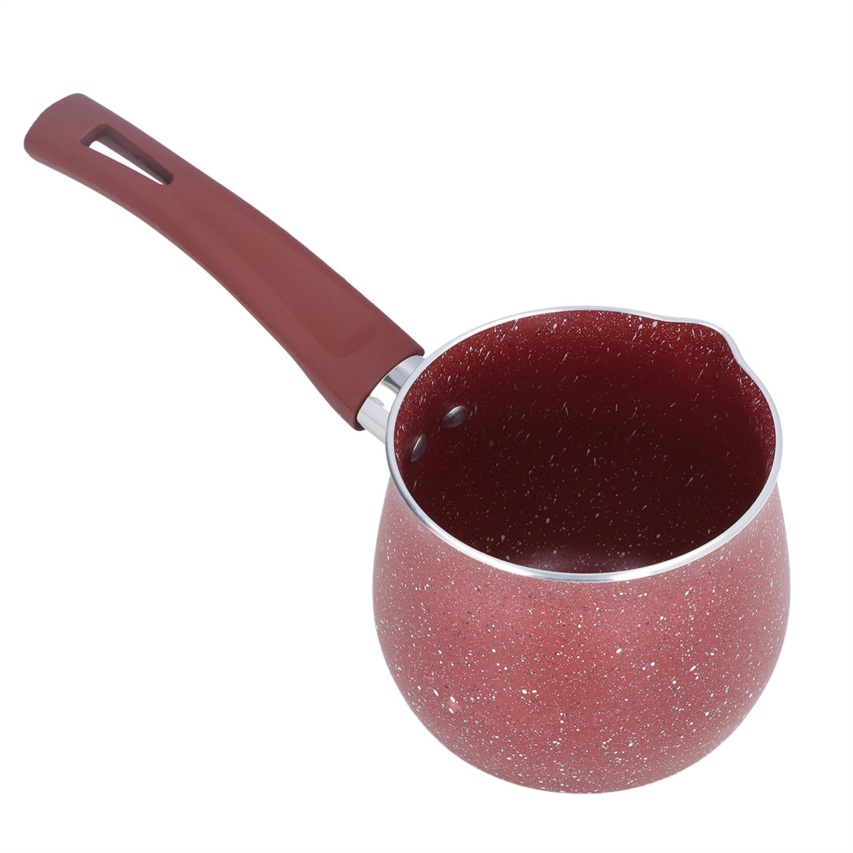 Eine rot gesprenkelte Kaffeekanne mit braunem Griff. Der Innenraum ist gesprenkelt rot.