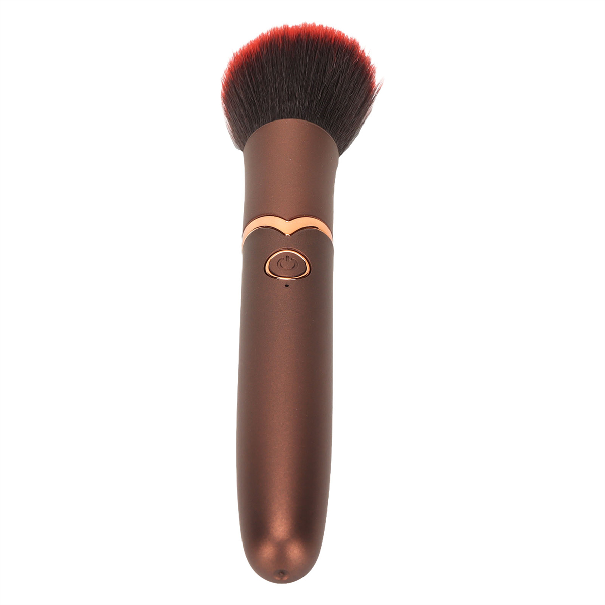 Ein brauner Make-up-Pinsel mit rot-schwarzen Borsten und einem Einschaltknopf am Griff wird gezeigt.