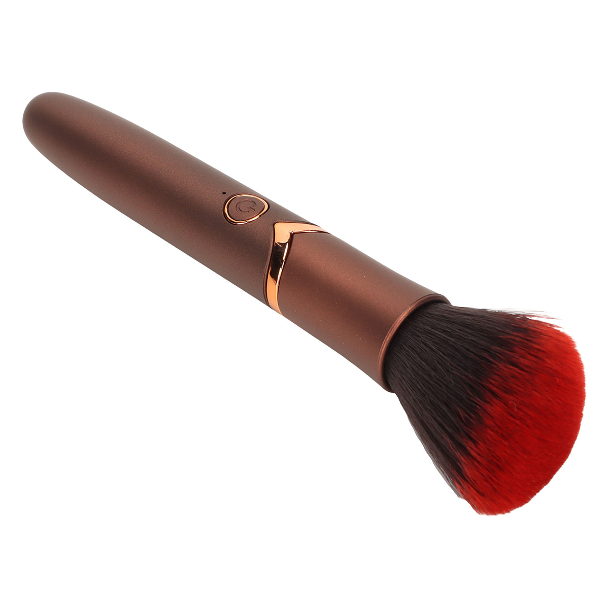 Brauner und roter Make-up-Pinsel. Der Pinsel hat einen weichen, roten Borstenkopf und einen braunen Griff.