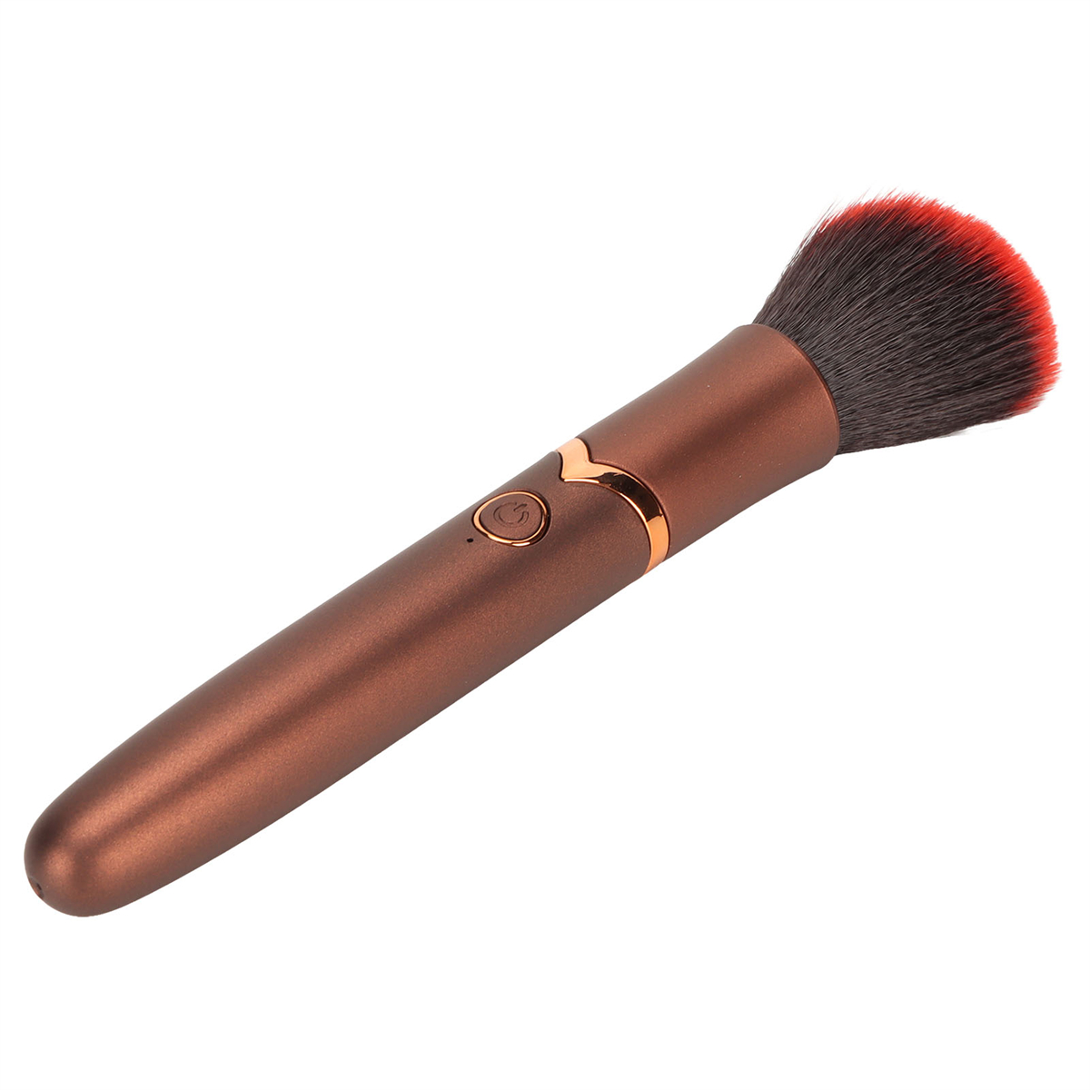 Make-up Pinsel mit braunem Griff und roten und schwarzen Borsten. Weißer Hintergrund.
