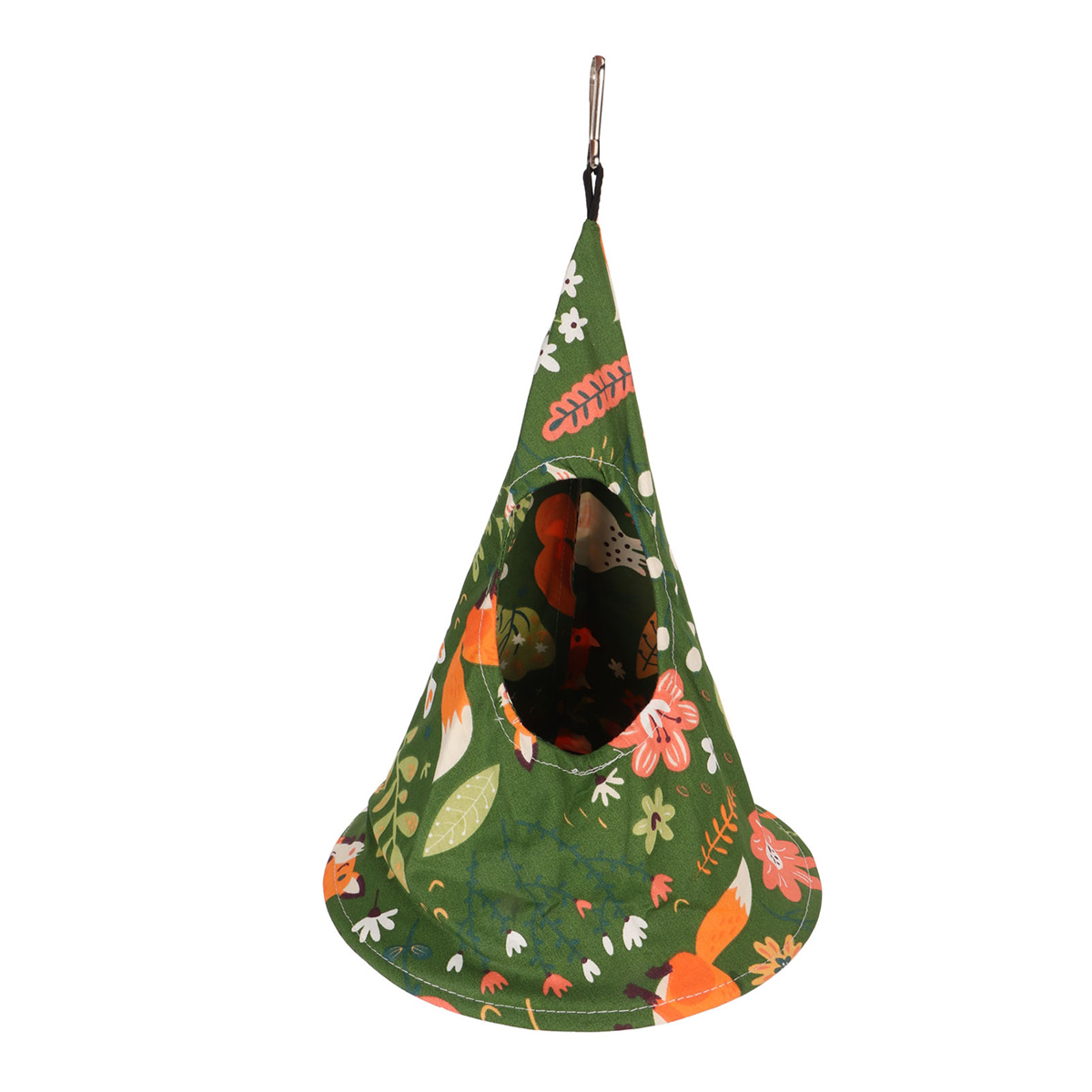 Grünes Haustier-Hänge-Bett, kegelförmig mit Fuchs- und Blumenmustern, Silberclip.