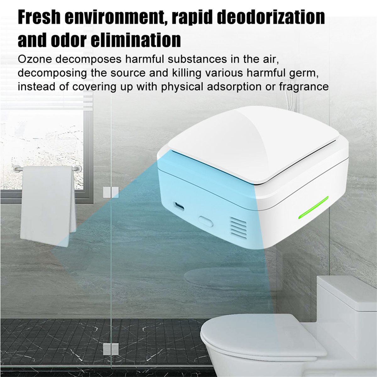 Ein Luftreiniger in einem Badezimmer mit Text zur Geruchsbeseitigung. Eine Toilette und ein Handtuch sind sichtbar.