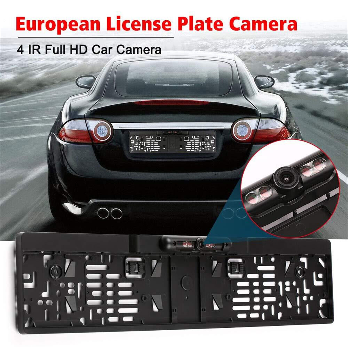 Schwarzes Auto mit montierter Kennzeichenkamera. Oben steht der Text European License Plate Camera.