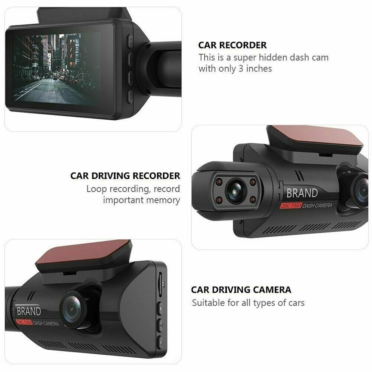Auto-Recorder mit mehreren Ansichten und Text, einschließlich „CAR RECORDER“ und „CAR DRIVING RECORDER“.