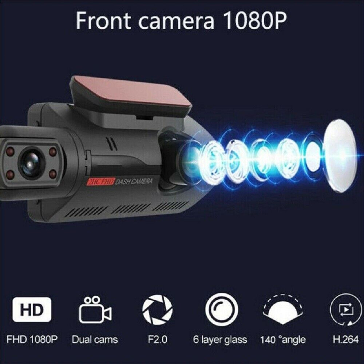 Eine Dashcam mit Text: Frontkamera 1080P. Symbole für HD, Dual-Kameras, F2.0, 6-Schicht-Glas, 140° Winkel und H.264.