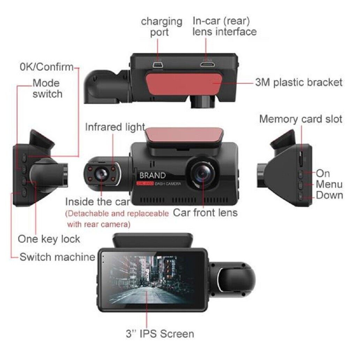 Dashcam mit verschiedenen Komponenten. Weißer Hintergrund.