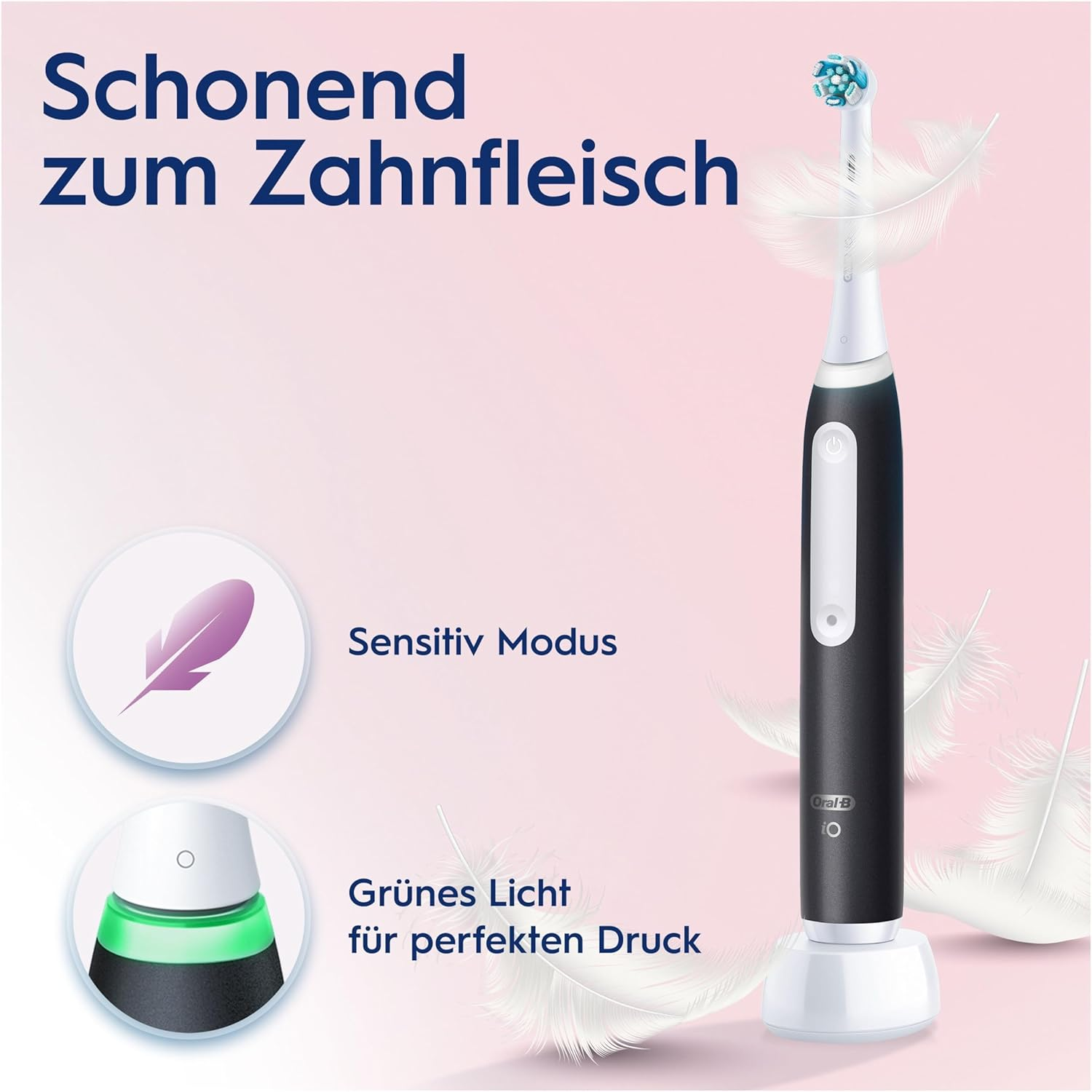Schwarz-weiße elektrische Zahnbürste mit deutschem Text und rosa Hintergrund mit Federn.