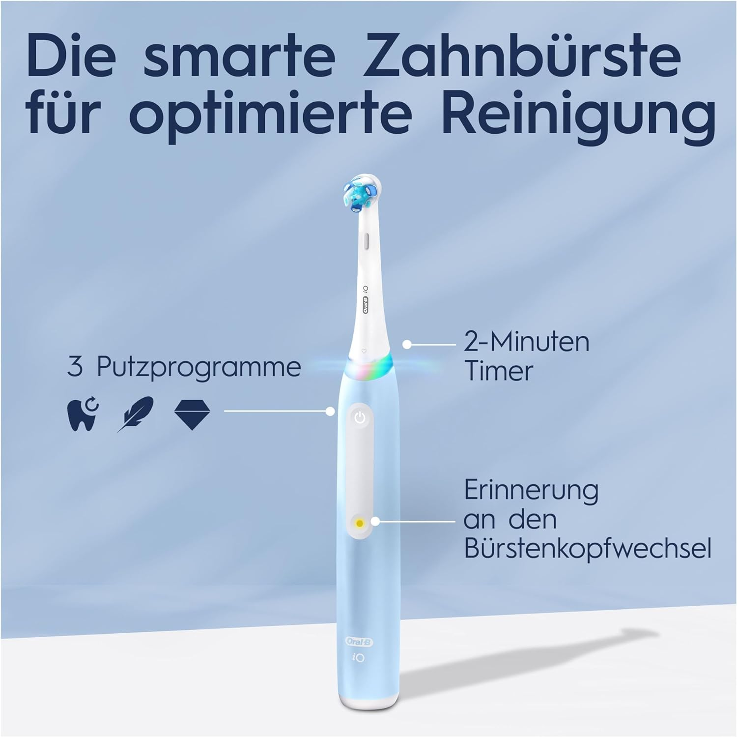 Eine blaue elektrische Zahnbürste mit Funktionen: 3 Modi, 2-Minuten-Timer und Erinnerung an den Bürstenkopfwechsel.