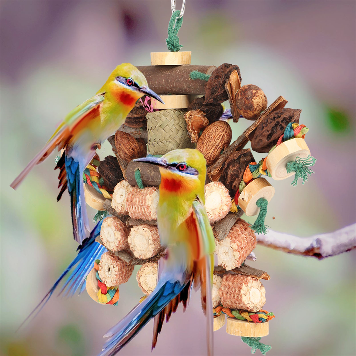 Zwei bunte Vögel auf einem hölzernen Vogelspielzeug. Die Vögel sind mehrfarbig, mit offenem Schnabel.