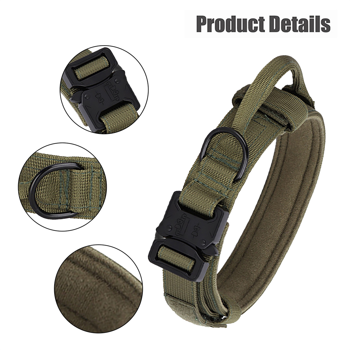 Grünes Hundehalsband mit schwarzen Metallschnallen und einem Metall-D-Ring.