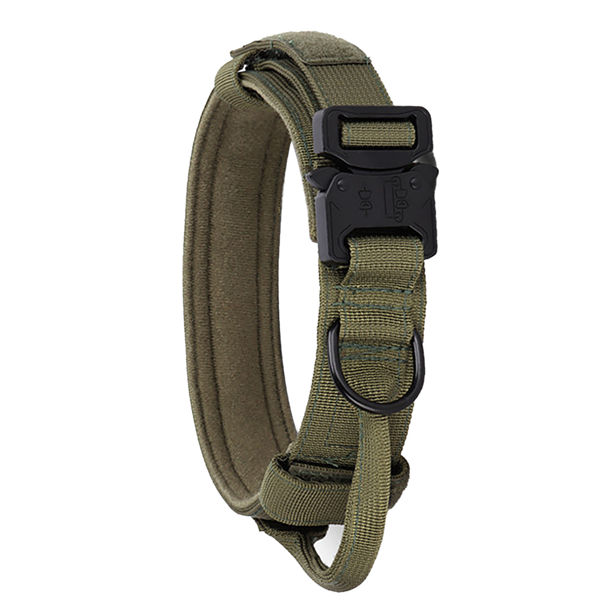 Ein olivgrünes Hundehalsband mit schwarzer Schnalle und einem schwarzen Metall-D-Ring.