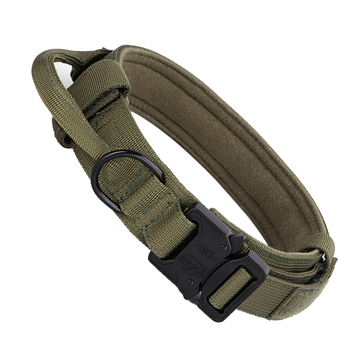 Olivgrünes Hundehalsband mit schwarzer Schnalle. Weißer Hintergrund.