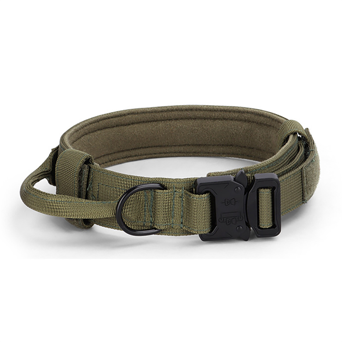 Olivgrüner Hundehalsband mit schwarzer Schnalle. Mit D-Ring und Schlaufe zur Befestigung.
